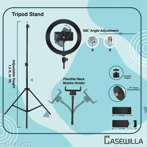 Casewilla 10 inch Big LED Selfie Ring Light with Tripod Stand 7 Feet | 3 light mode Ring Flash Casewilla 10 inch Big LED Selfie Ring Light with Tripod Stand 7 Feet | 3 light mode Ring Flash